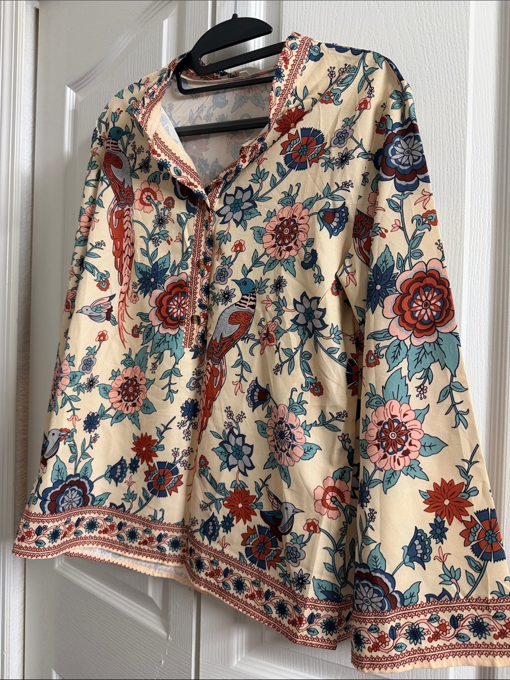 Women's Floral Bird Print Peasant Top - Cream/Blue